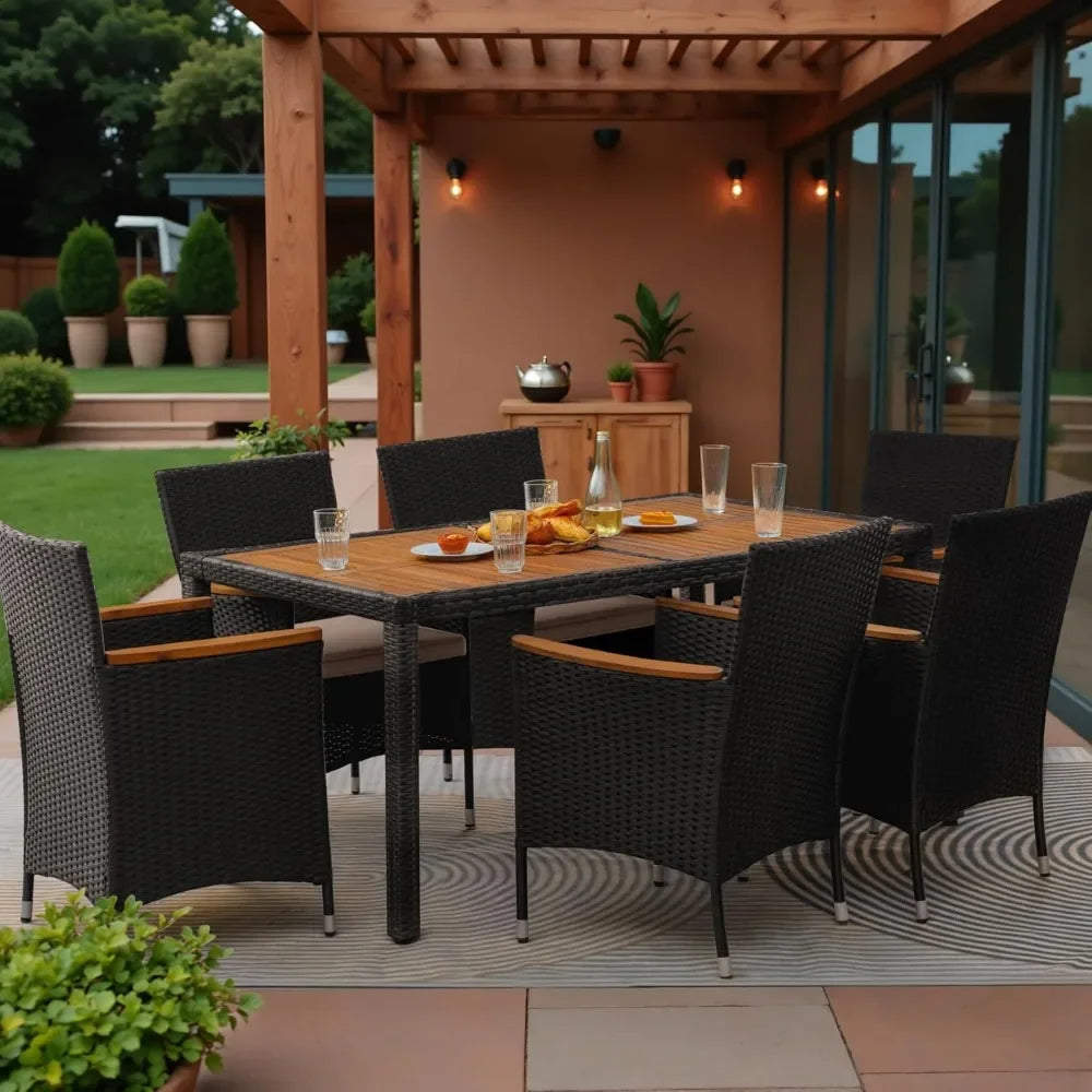 7 Piece Outdoor Patio Dining Set With Table And Rattan Chairs Cushions