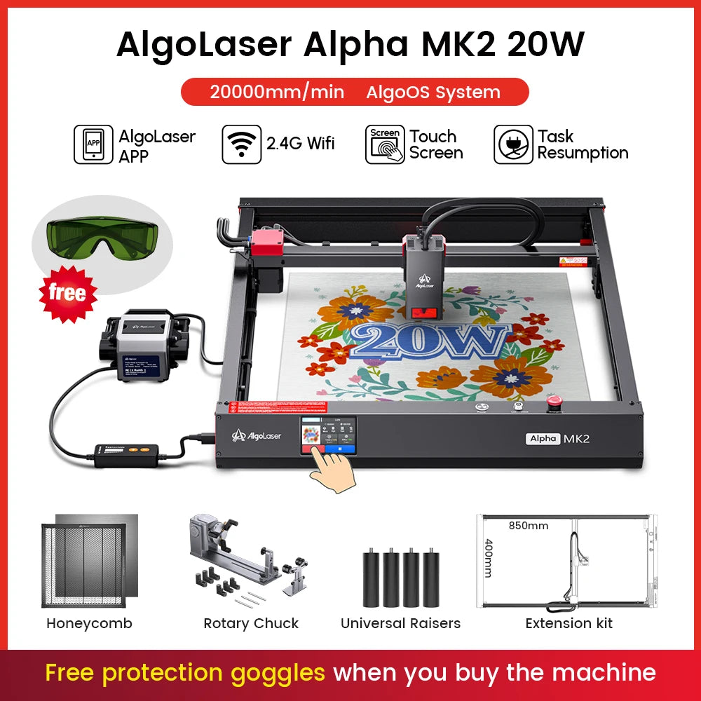 AlgoLaser Alpha MK2 Laser Engraver 20W Output Power 3.5” Color Touch Screen App Offline Control DIY Engraver Tool for Metal MDF