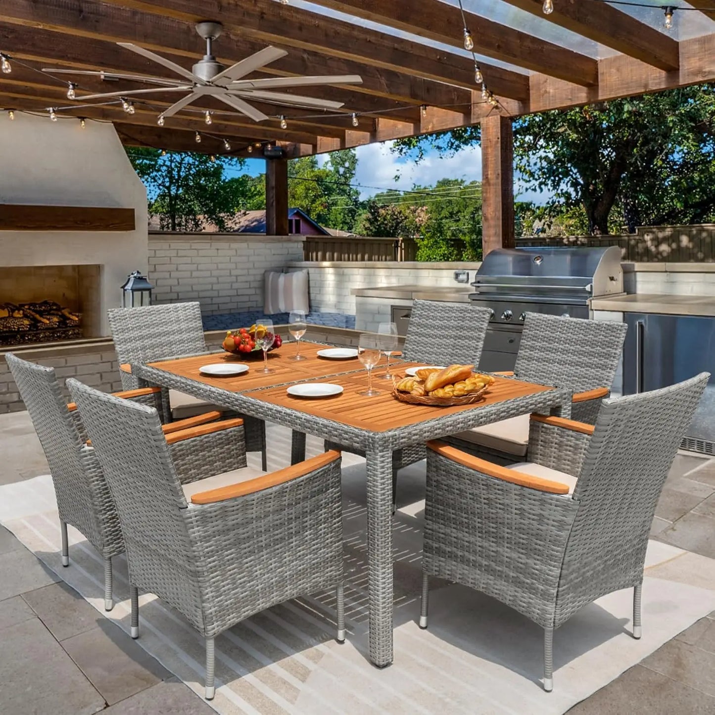 7 Piece Outdoor Patio Dining Set With Table And Rattan Chairs Cushions