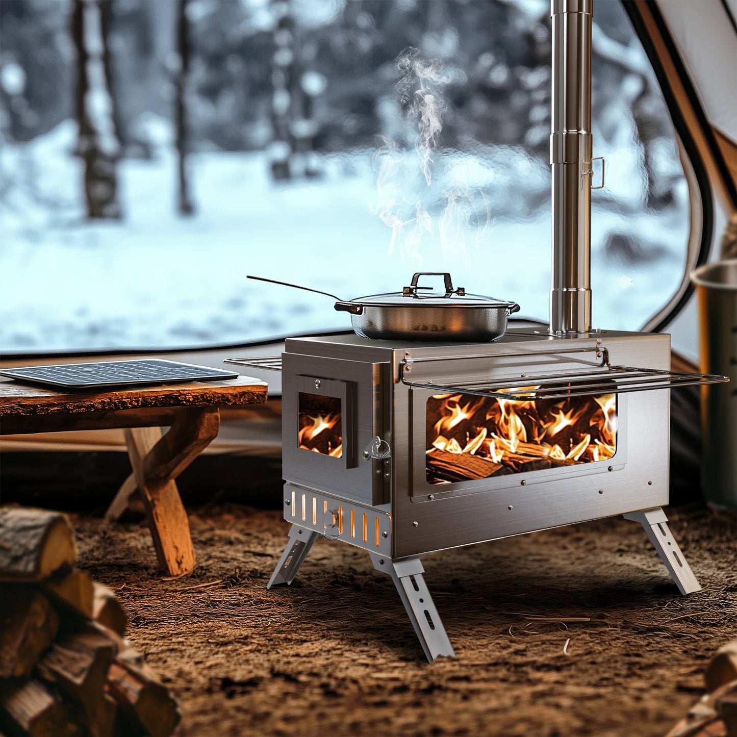 Portable Camping Wood Stove Stainless Steel Hot Tent Stove Burner With 7 Chimney Pipes