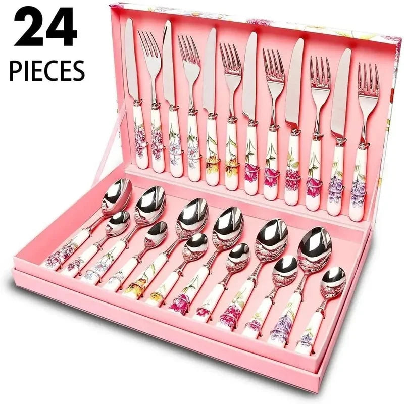 Dinnerware TwentyFourPiece CeramicHandled SilverwareSet With StainlessSteel Cutlery Knives