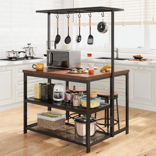 HiMISS Kitchen Island With Storage Bakers Rack And Microwave Stand