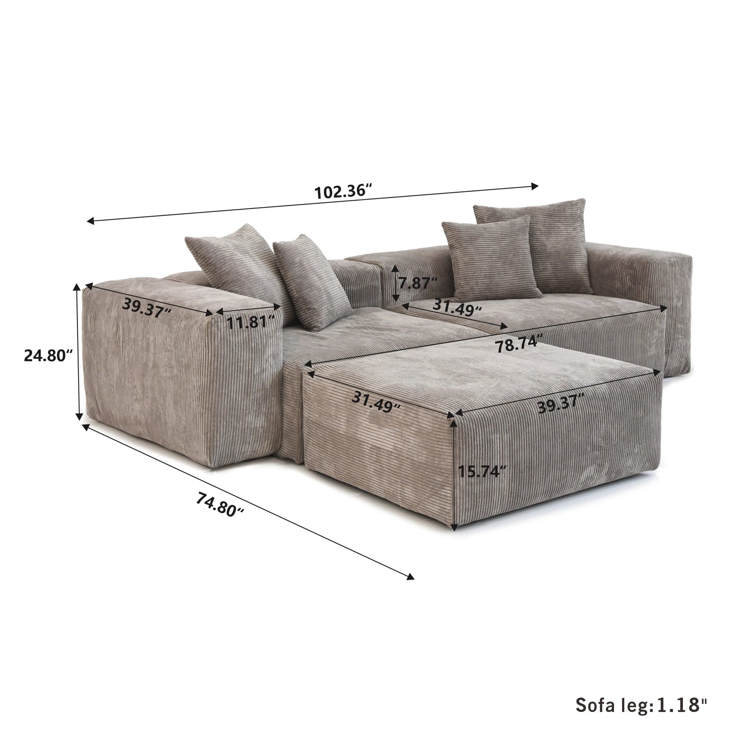 SdorensCN Ultra-Soft Corduroy Upholstery L-Shaped Sectional Sofa Chaise Pillow-Set