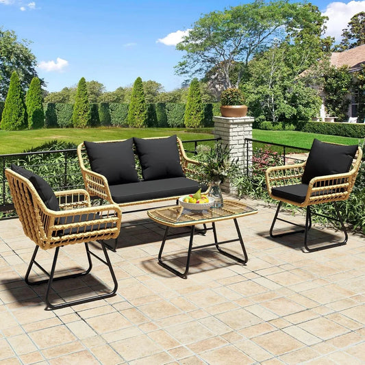 4-Piece Patio Furniture Wicker Outdoor Bistro Set, All-Weather Rattan Conversation Loveseat Chairs For Backyard, Balcony And De