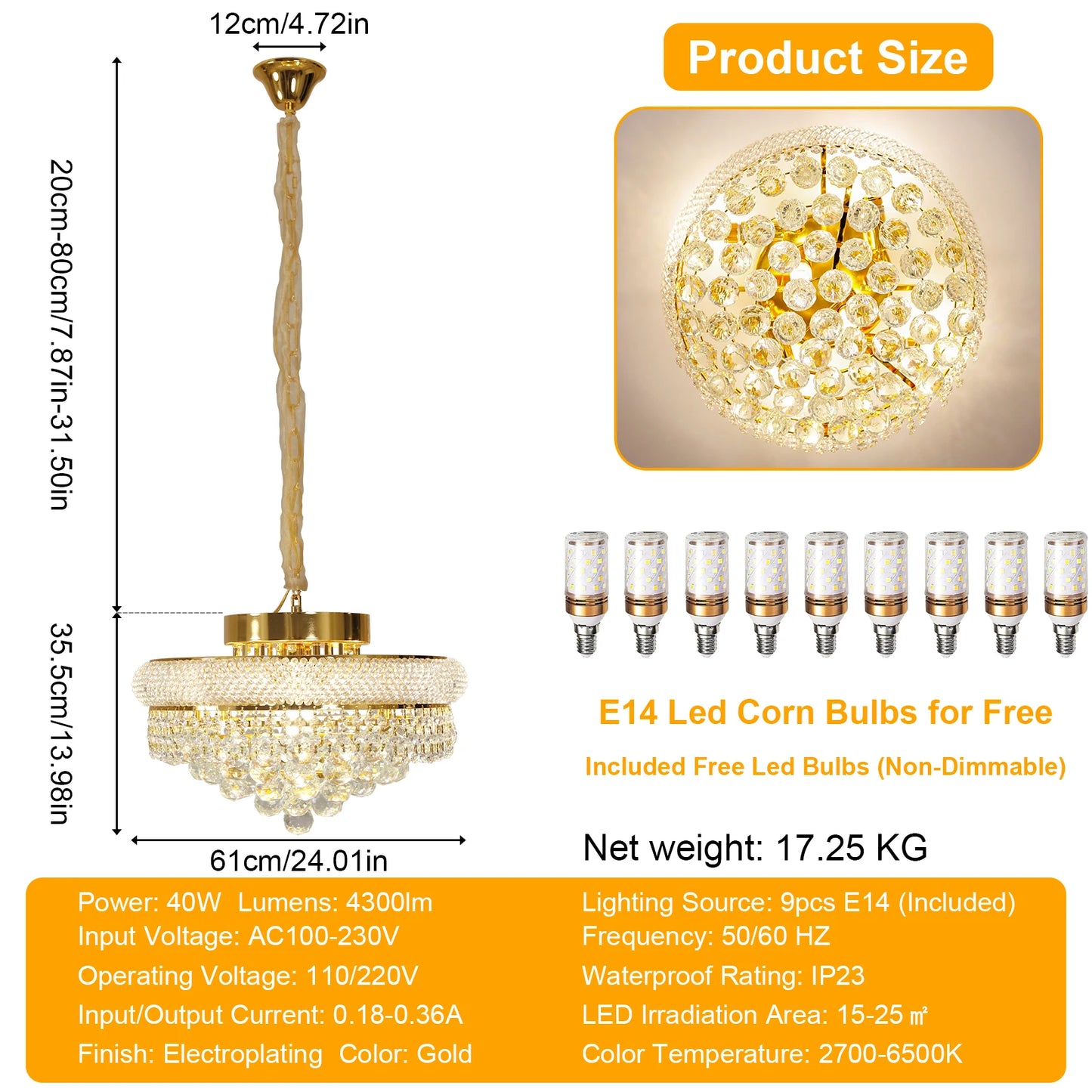 Luxury Round Gold Crystal Chandelier Pendant Light With Adjustable Chain