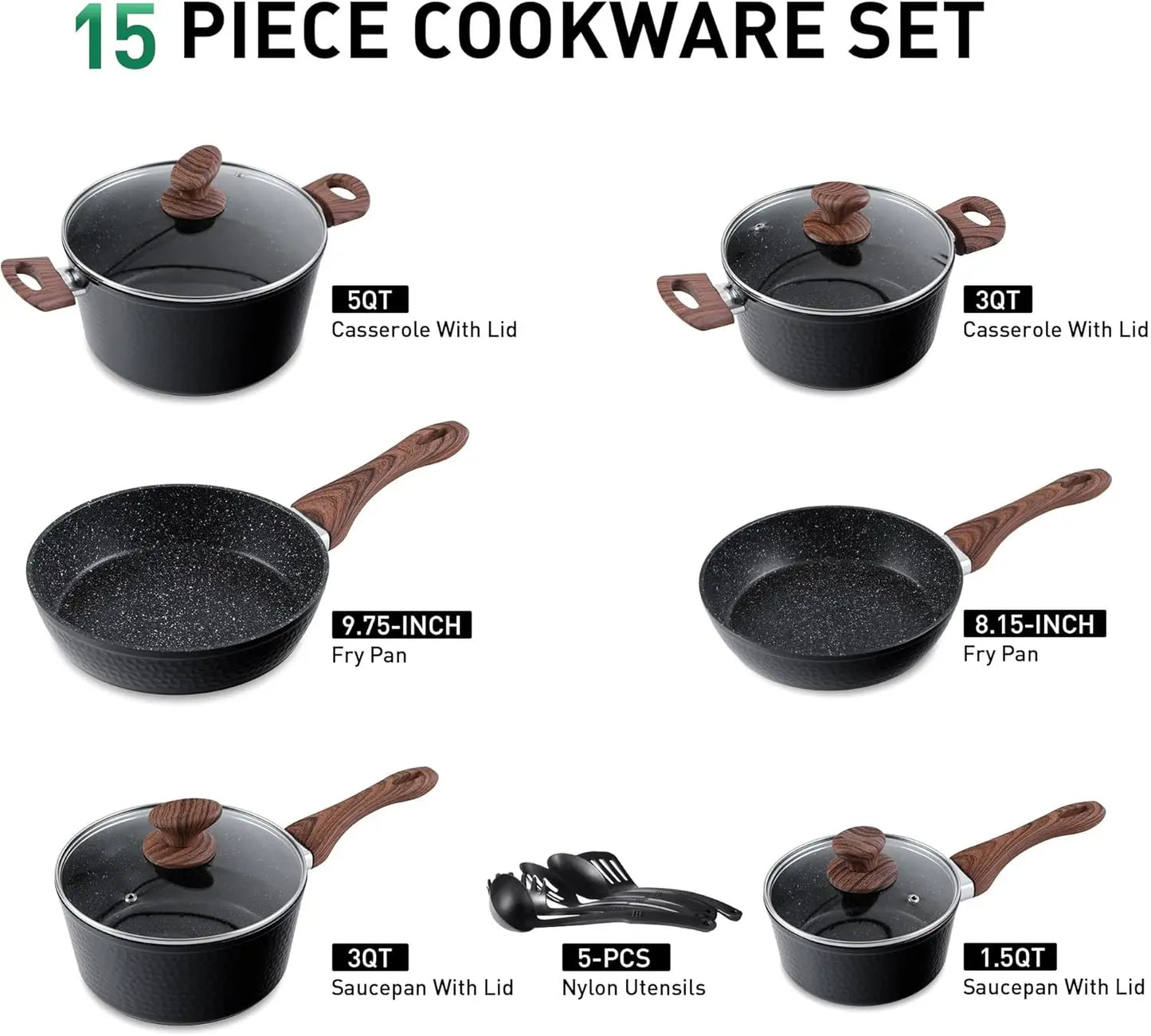 Pots And Pans Set Nonstick 15 Pcs Hammered Granite Induction