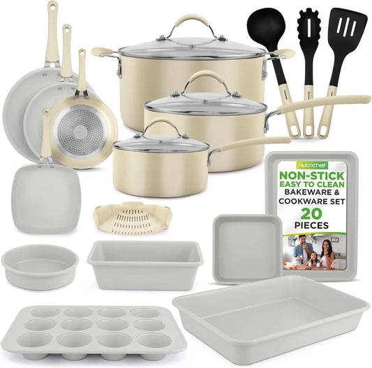 20-Piece Nonstick Bakeware and Cookware Set with Durable Aluminum and Tempered Glass Lids