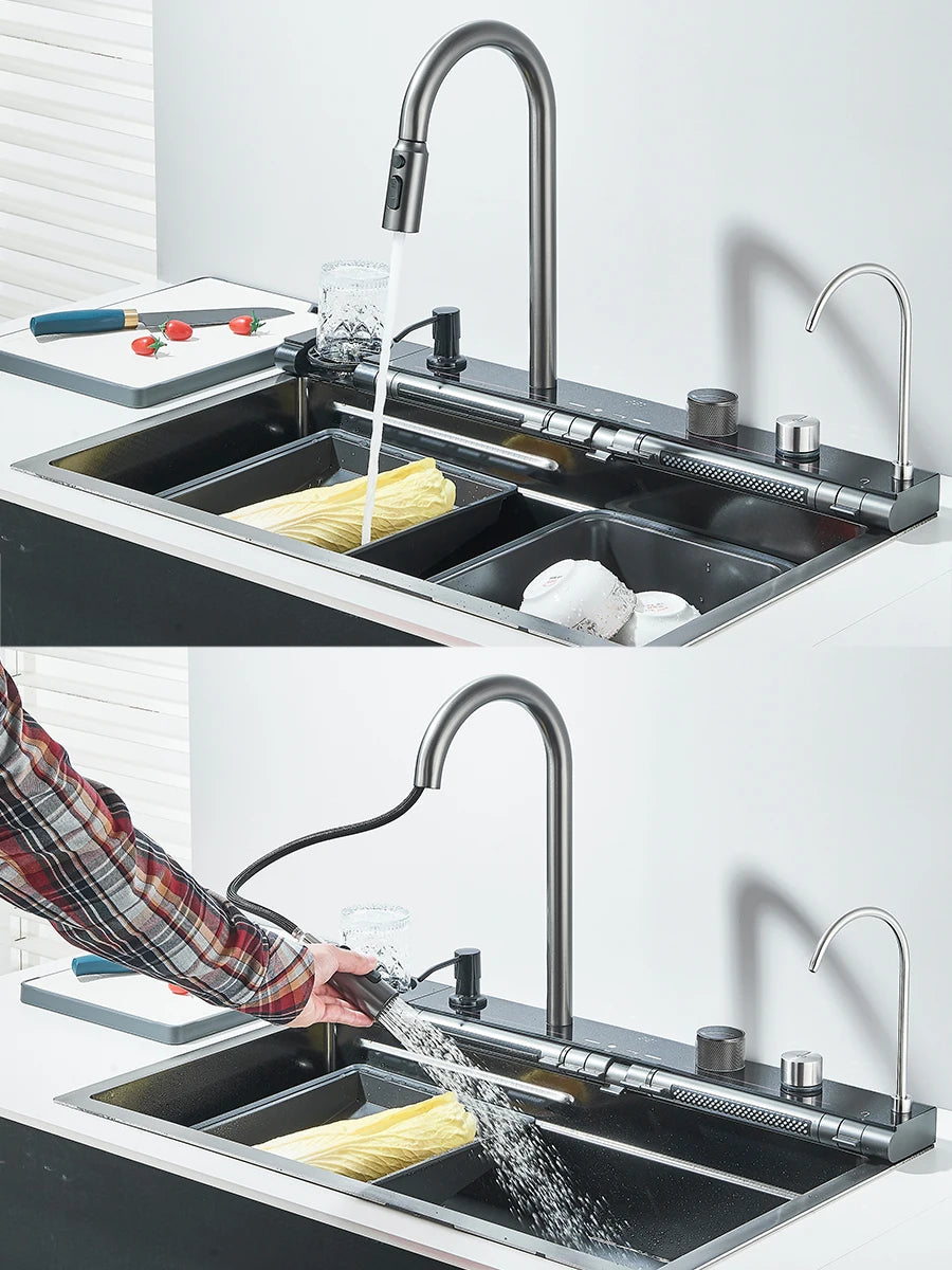 Quyanre 304 Stainless Steel Kitchen Sink Double Waterfall Faucet Set