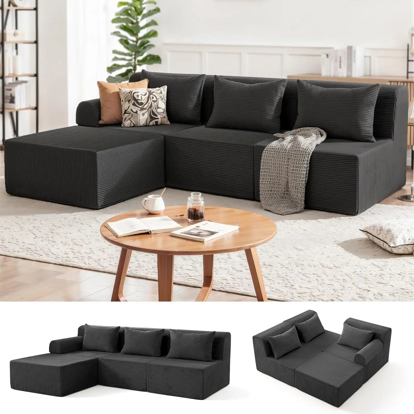 93" Sectional Couches for Living Room, Modular Sectional Sofa, Cloud Couch with L-Shape Chaise, Boneless Couches, Comfy Corduroy