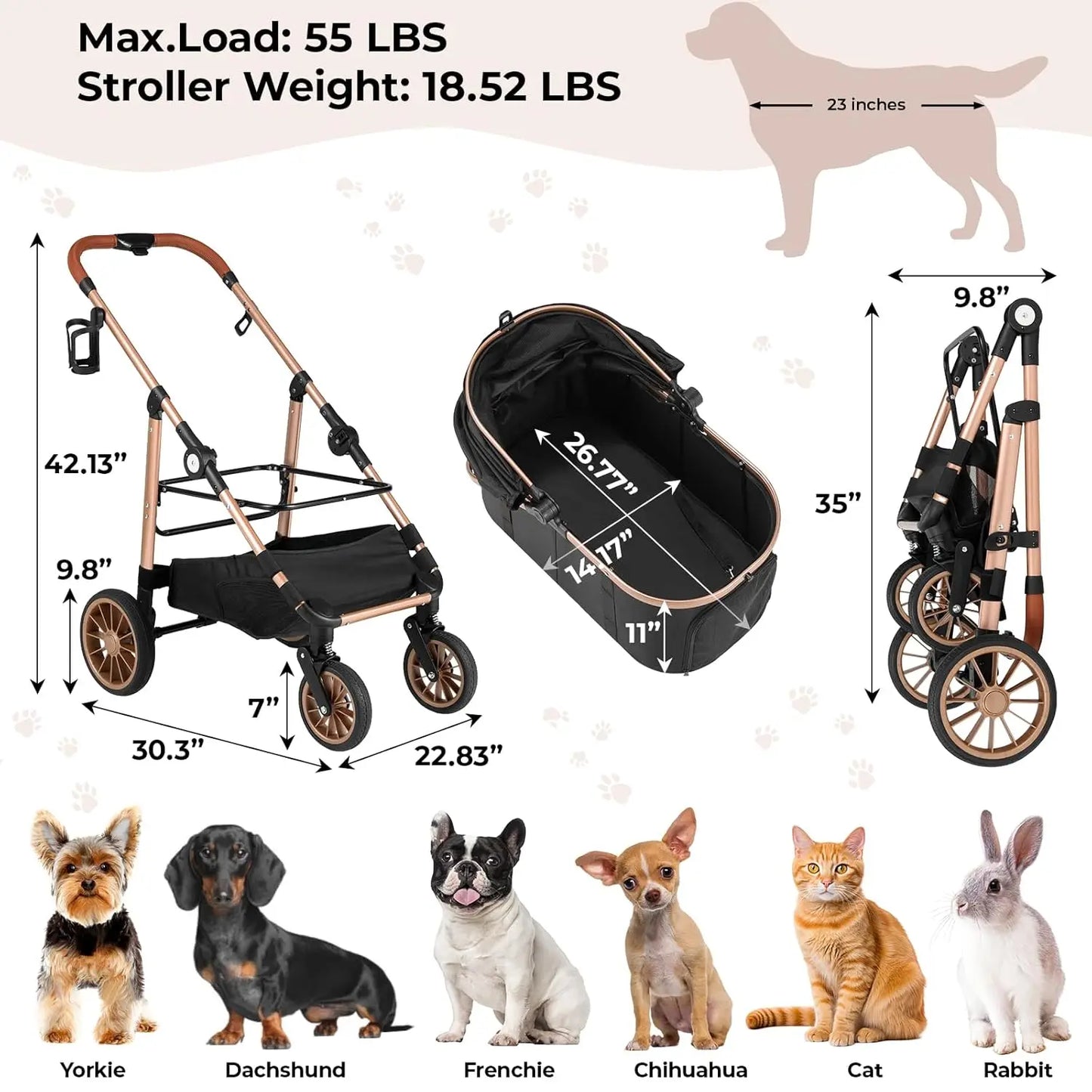 360° High Wheels Transport Foldable Cat Pet Stroller 2in1 Dog Buggy Stroller Dog Box Can Be Attached in Car, Max. load 25 kg
