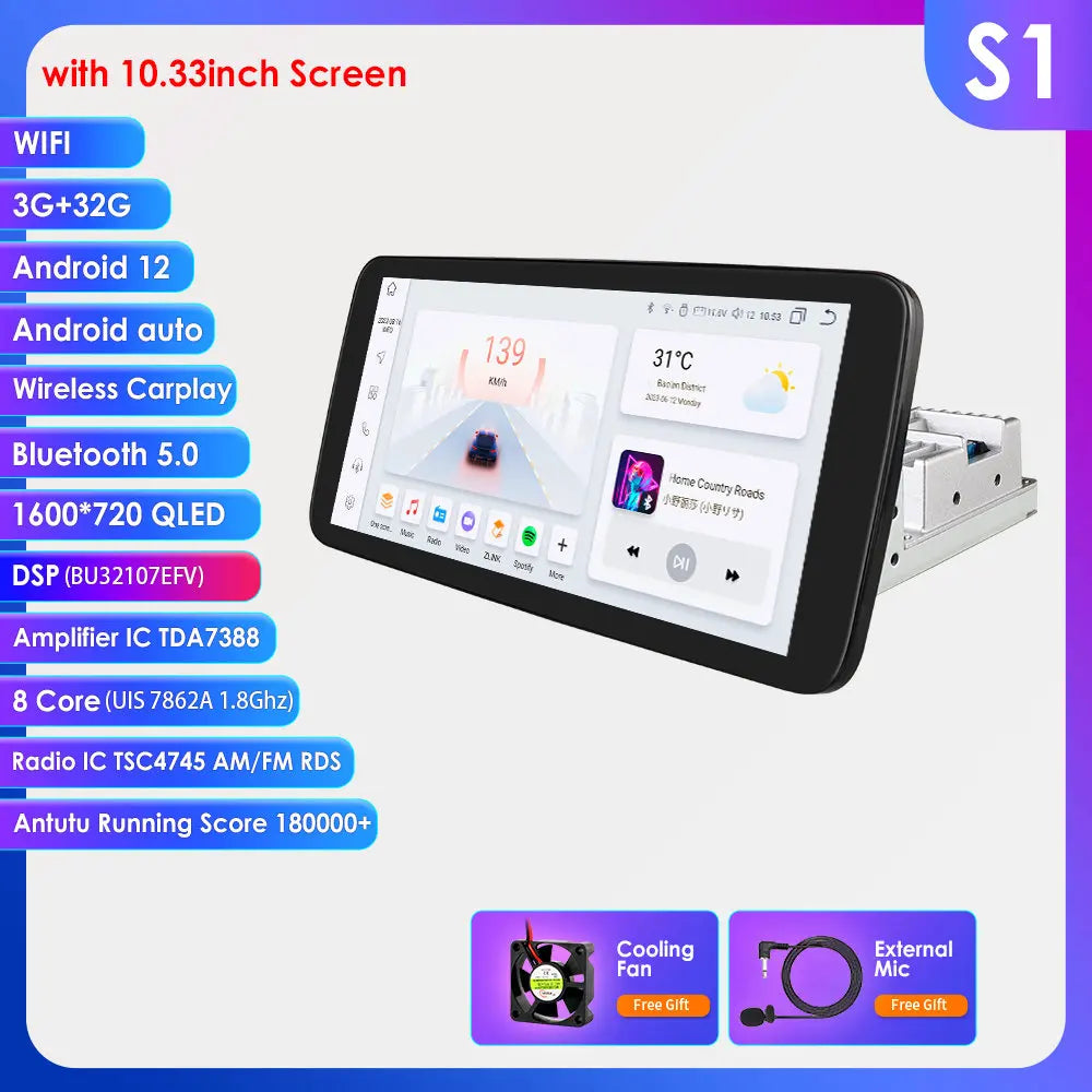 Hizpo 1 Din Car Radio Multimedia Player Detachable Panel 10.33" Wireless Carplay Android 360° Rotatable Universal Stereo GPS BT