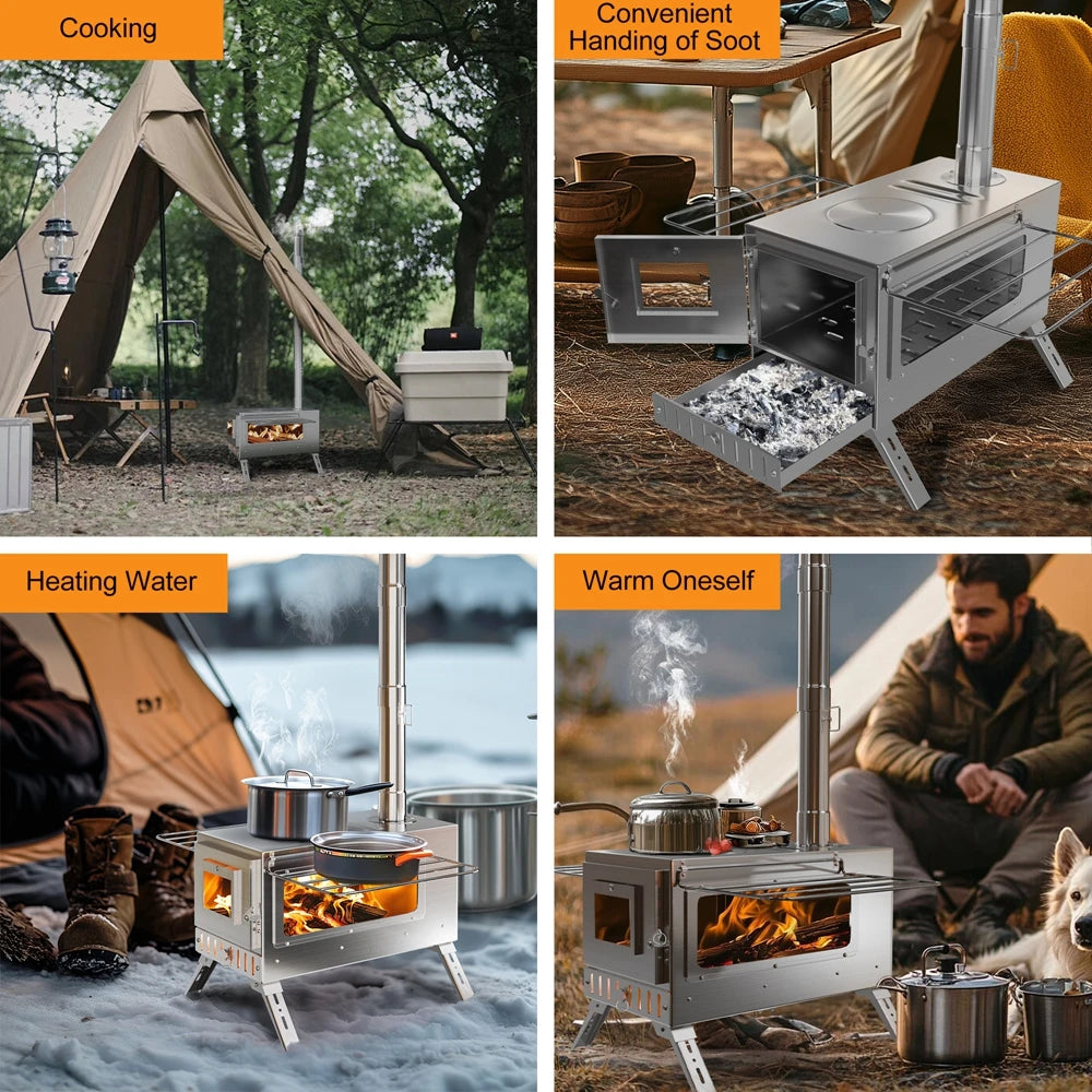Stainless Steel Wood Burning Tent Stove With Seven Chimney Pipes