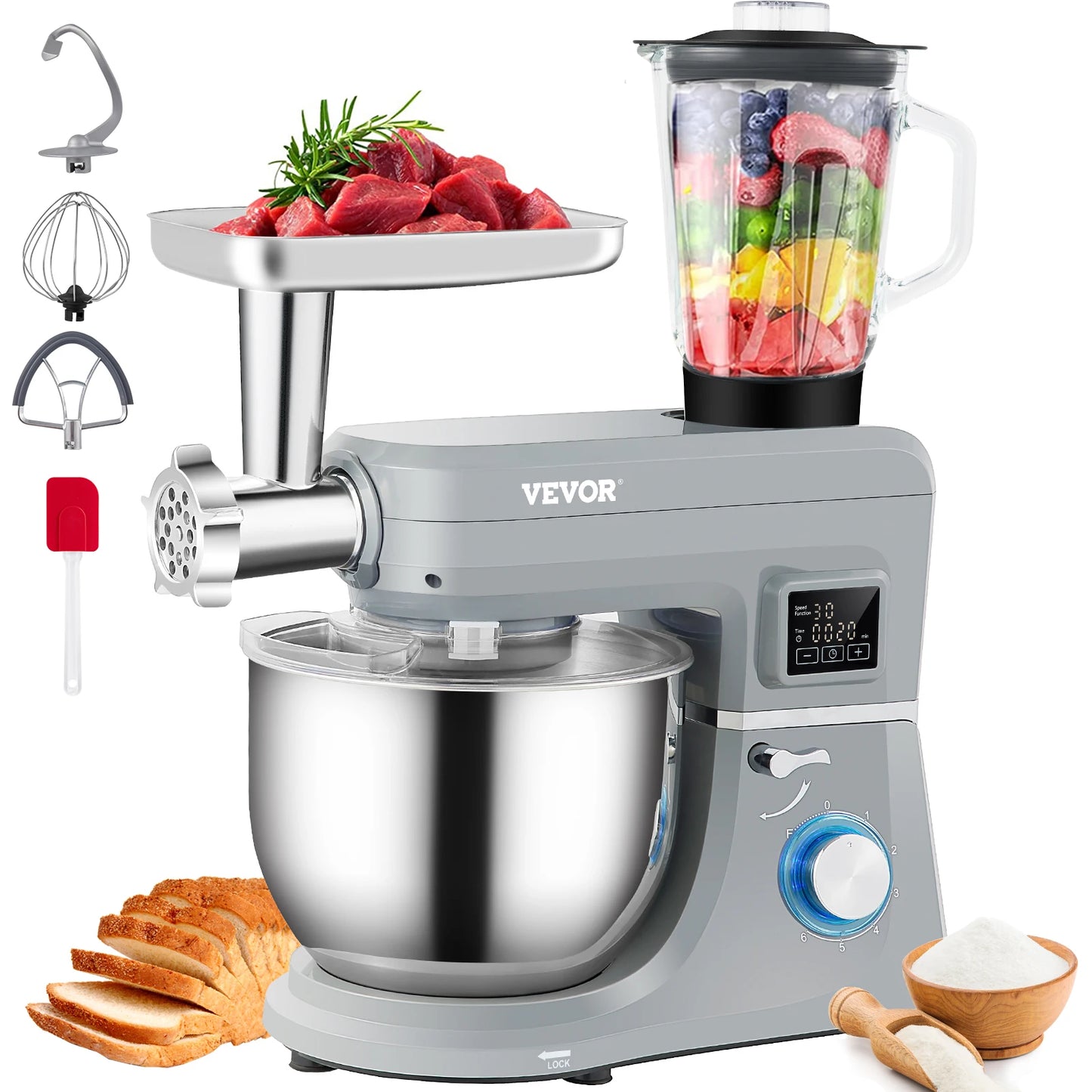 VEVOR 5 In 1 Stand Mixer Multifunctional Electric Mixer With 6 Speeds LCD Timer 7.4 Qt Stainless Bowl