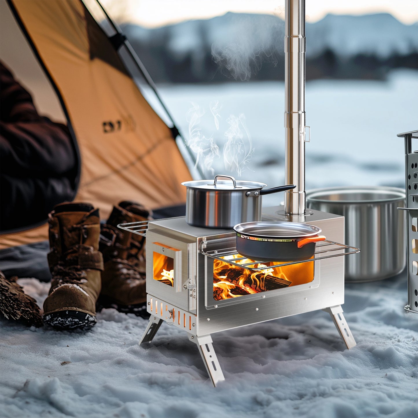 Portable Camping Wood Stove Stainless Steel Hot Tent Stove Burner With 7 Chimney Pipes