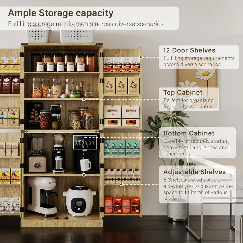Adjustable Shelves Tall Flute Design Wood Pantry Cabinet with 12 Door Organizers and Double Carved Accents for Storage Solutions