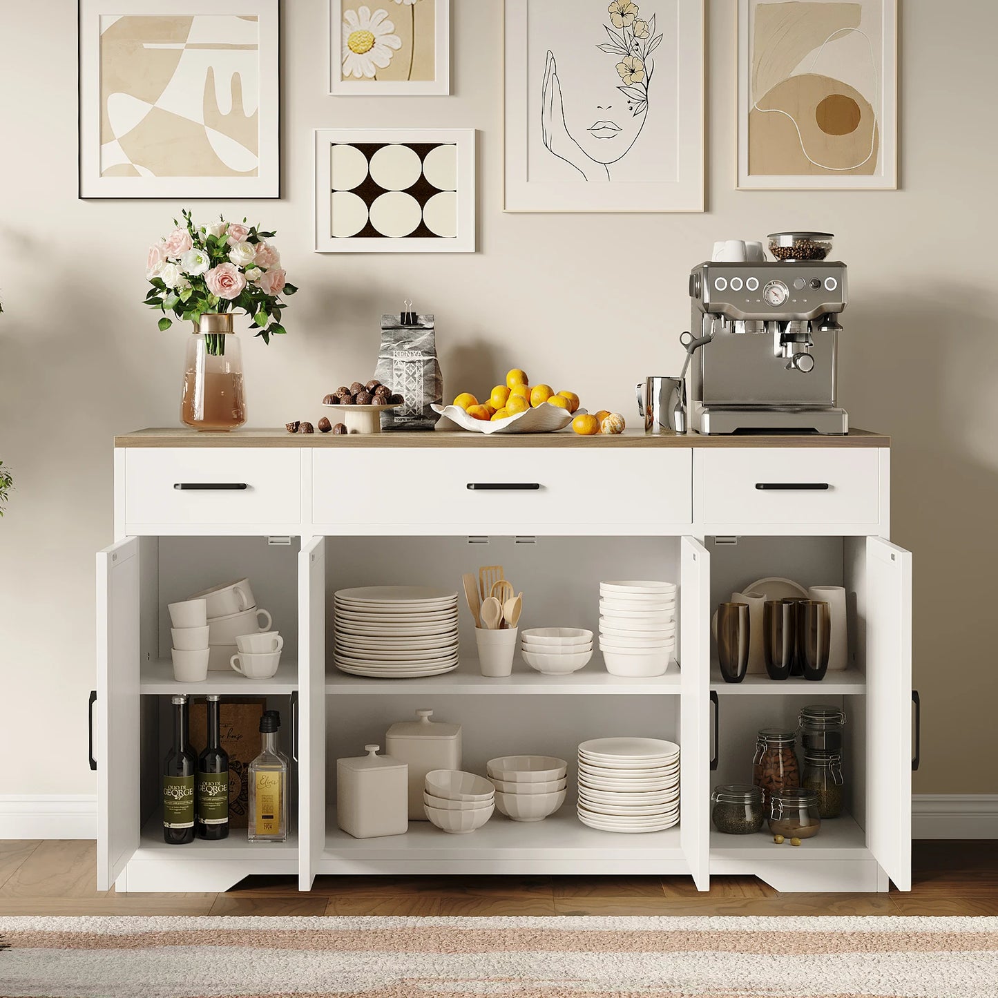 Farmhouse Buffet Sideboard Cabinet With 3 Drawers And 4 Doors For Dining Room Storage