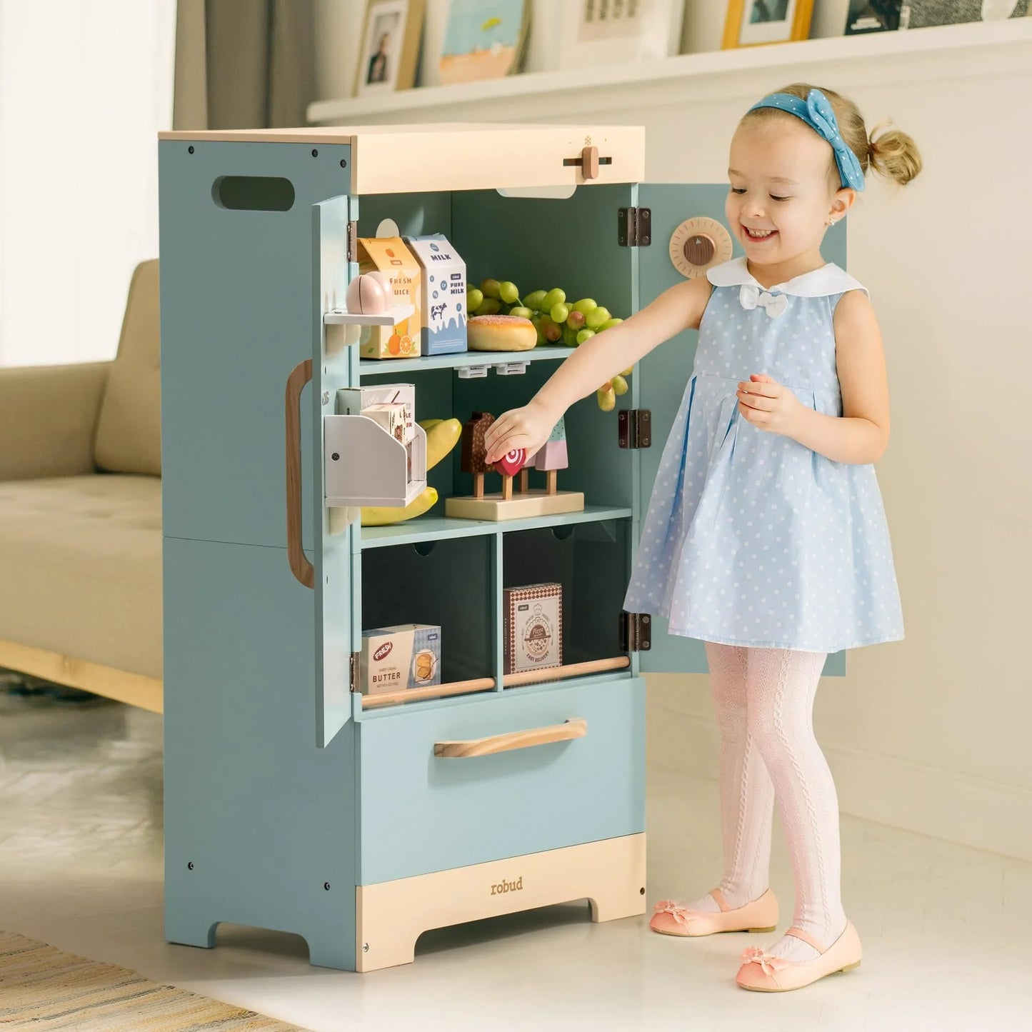 Robotime Robud Wooden Play Kitchen Refrigerator With Ice Dispenser Toy Set For Ages 3 Plus