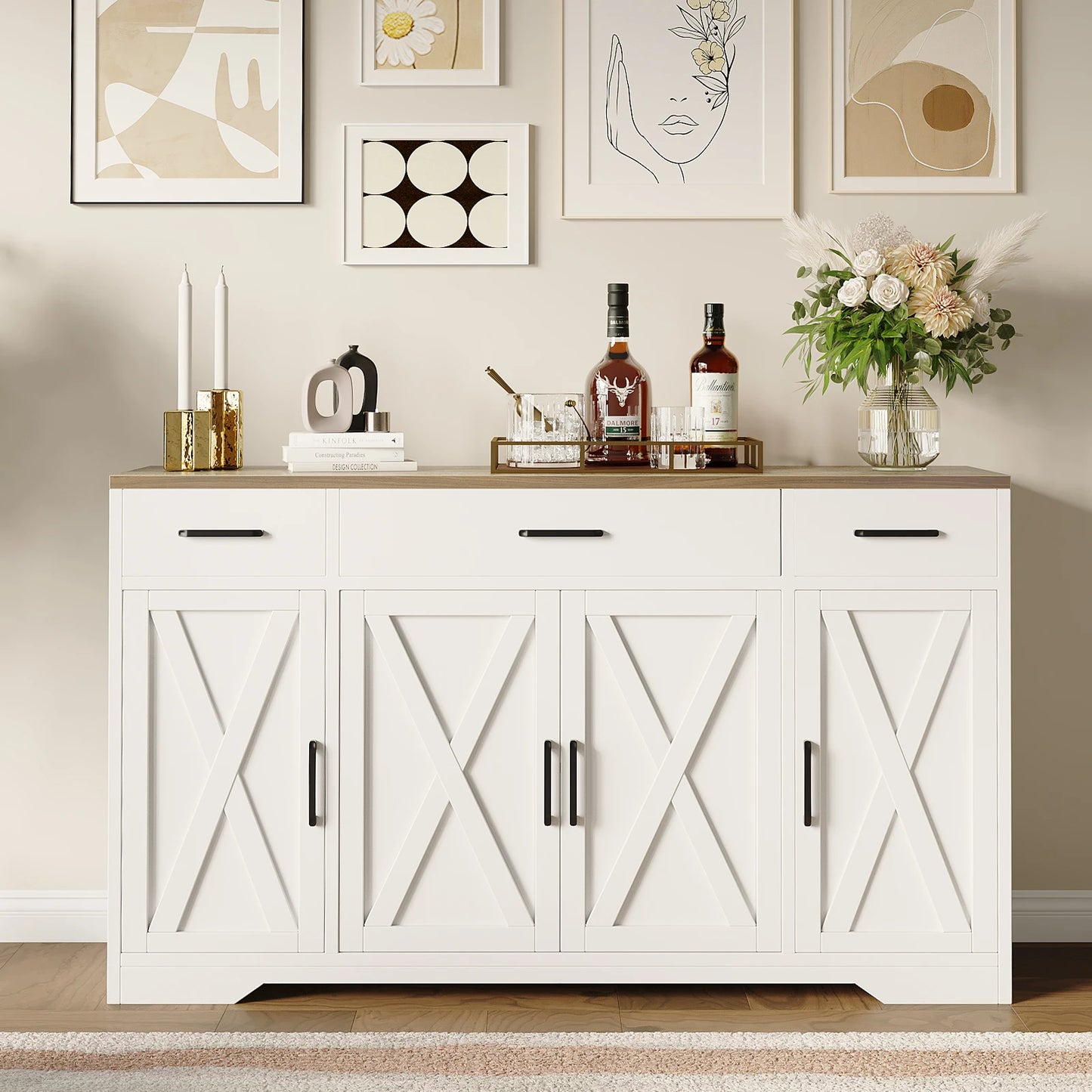 Farmhouse Buffet Sideboard Cabinet With 3 Drawers And 4 Doors For Dining Room Storage