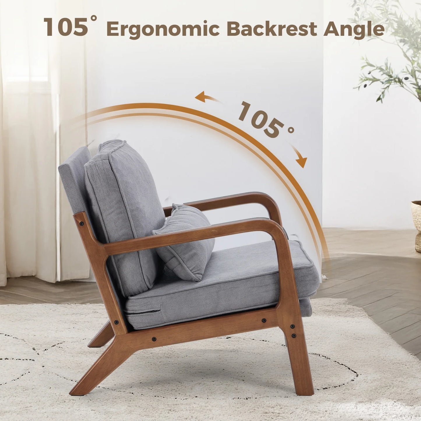 JHK Midcentury Modern Solid Wooden Frame ErgonomicallyDesigned Armchair With Cushions