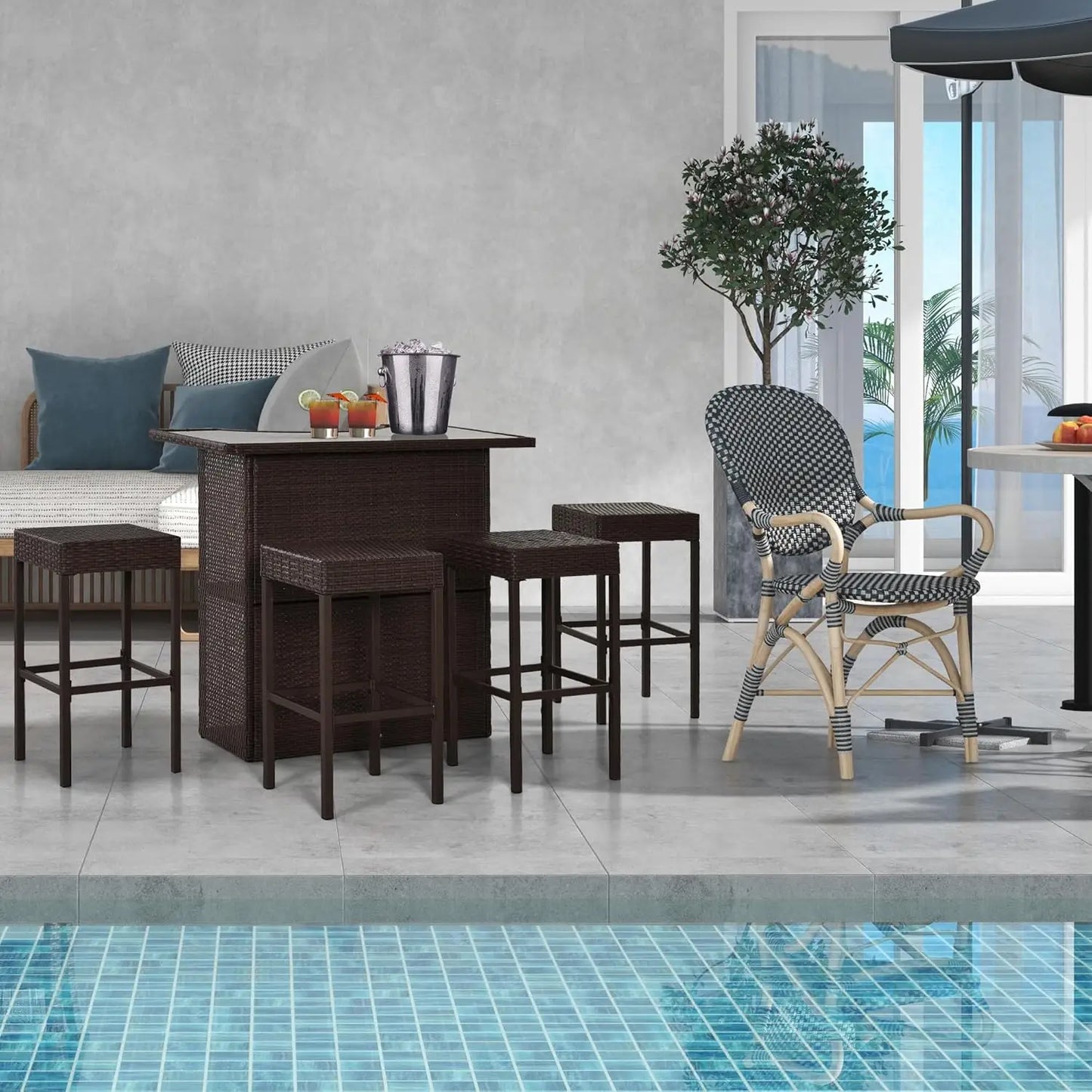 XMSJ Rattan Wicker Bar Set High Top Outdoor Table Chairs