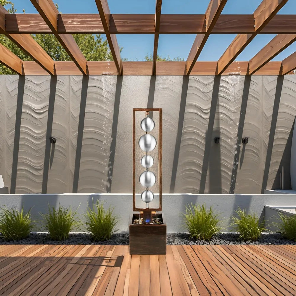 Outdoor Water Fountain with Pump, Relaxing Stainless Steel Geometric Sphere Freestanding Waterfall Fountains Modern Home Decor
