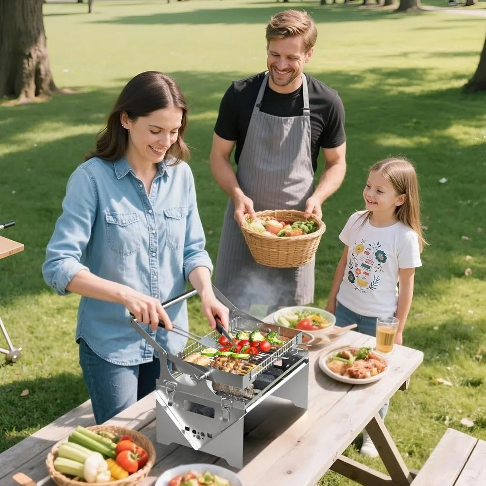 Portable Stainless Steel Rotating BBQ Grill for Outdoor Camping and Detachable Charcoal Grilling