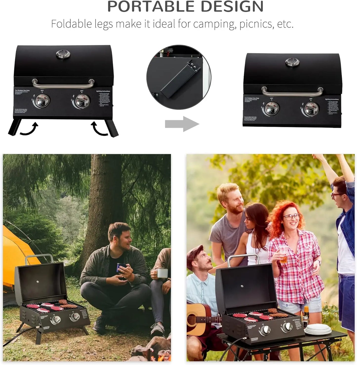 XMSJ Two Burner Propane Gas Grill Outdoor Portable Tabletop BBQ with Foldable Legs and Thermometer