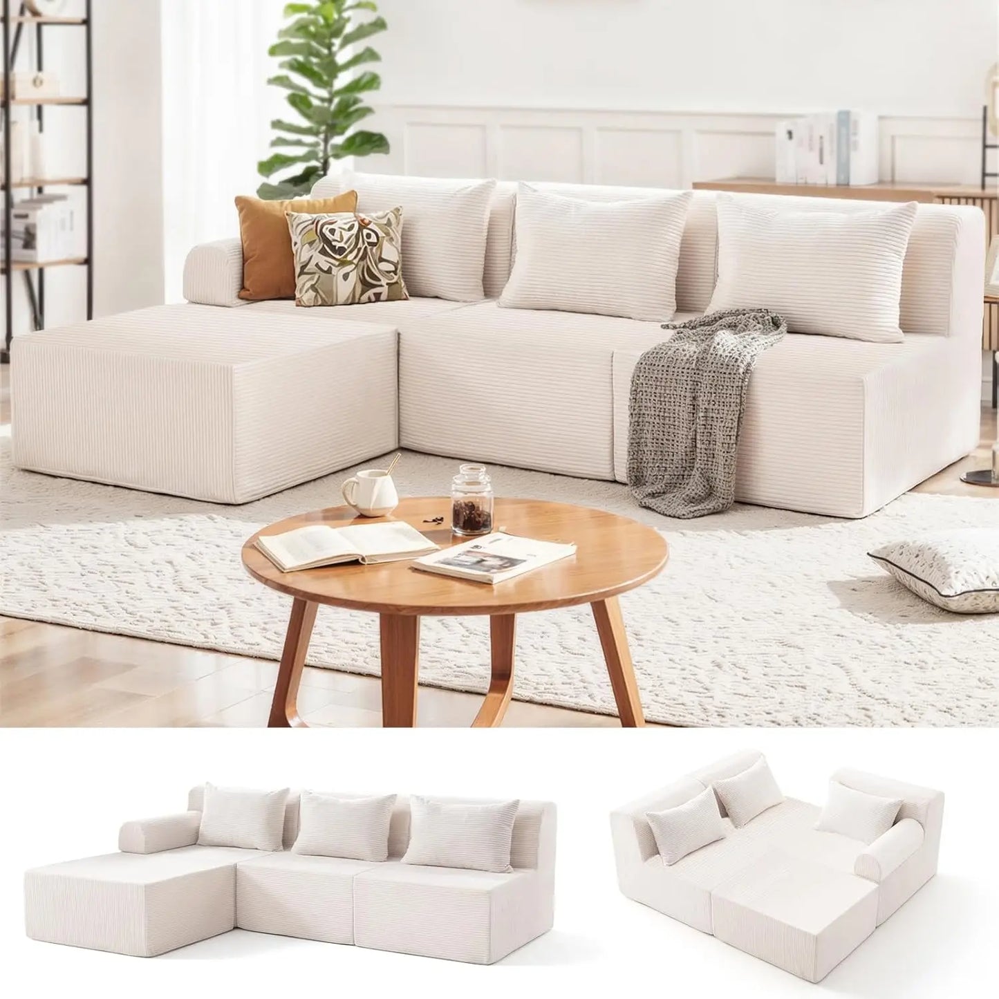 93" Sectional Couches for Living Room, Modular Sectional Sofa, Cloud Couch with L-Shape Chaise, Boneless Couches, Comfy Corduroy