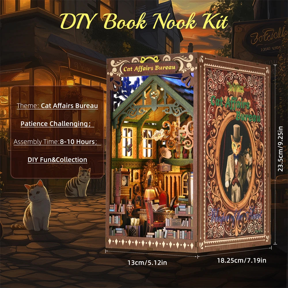ASLOWSNAIL Book Nook Kit Kitty Cat 3D Puzzle Wooden DIY Home Decoration for Bookshelf