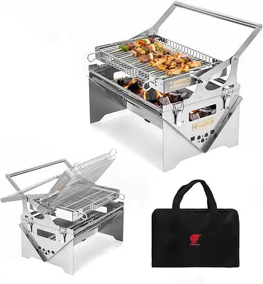 Portable Stainless Steel Rotating BBQ Grill for Outdoor Camping and Detachable Charcoal Grilling