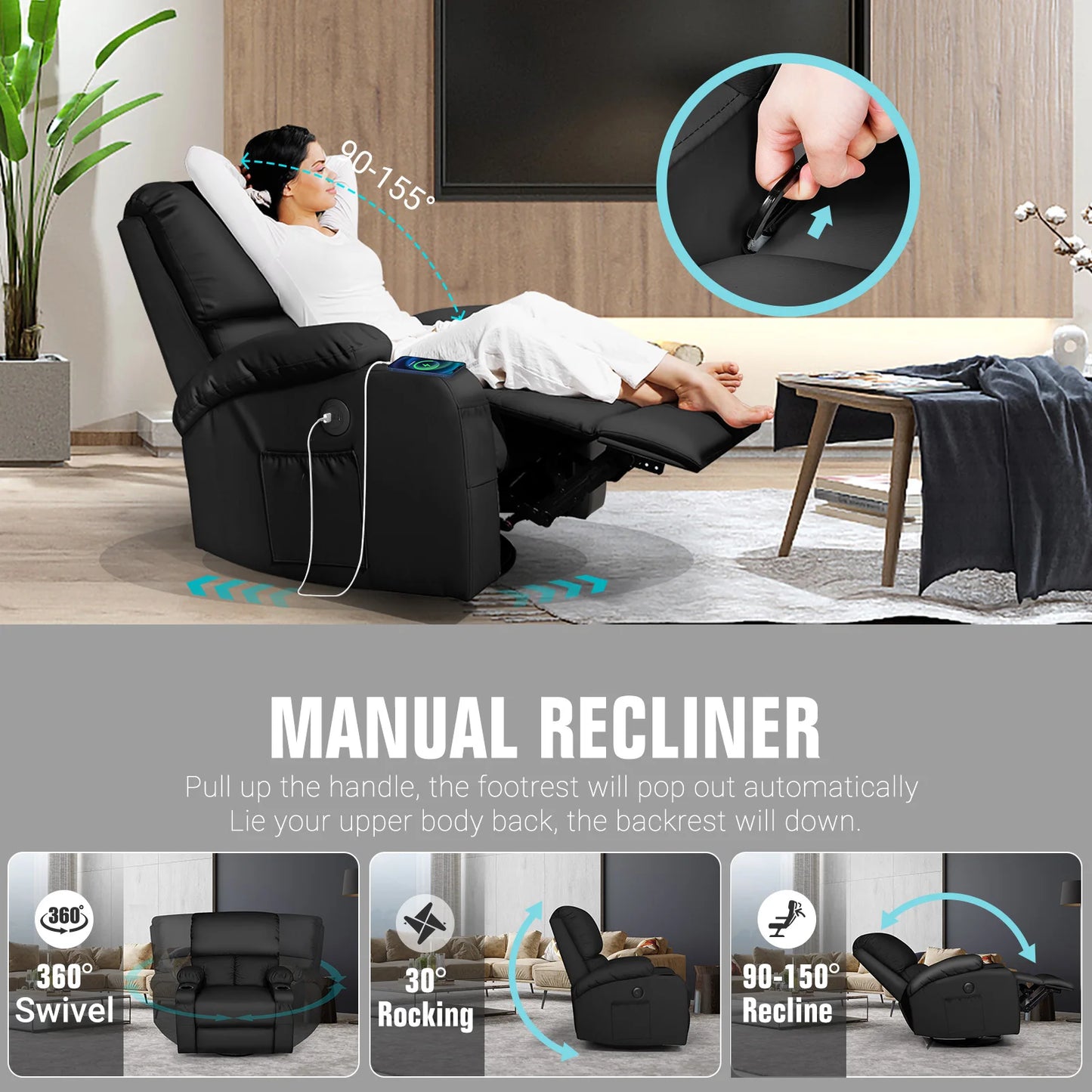 LEVELEVE Retro Rocking Recliner Chair With Massage Heat USB