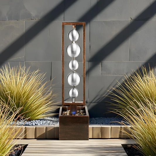 Outdoor Water Fountain with Pump, Relaxing Stainless Steel Geometric Sphere Freestanding Waterfall Fountains Modern Home Decor