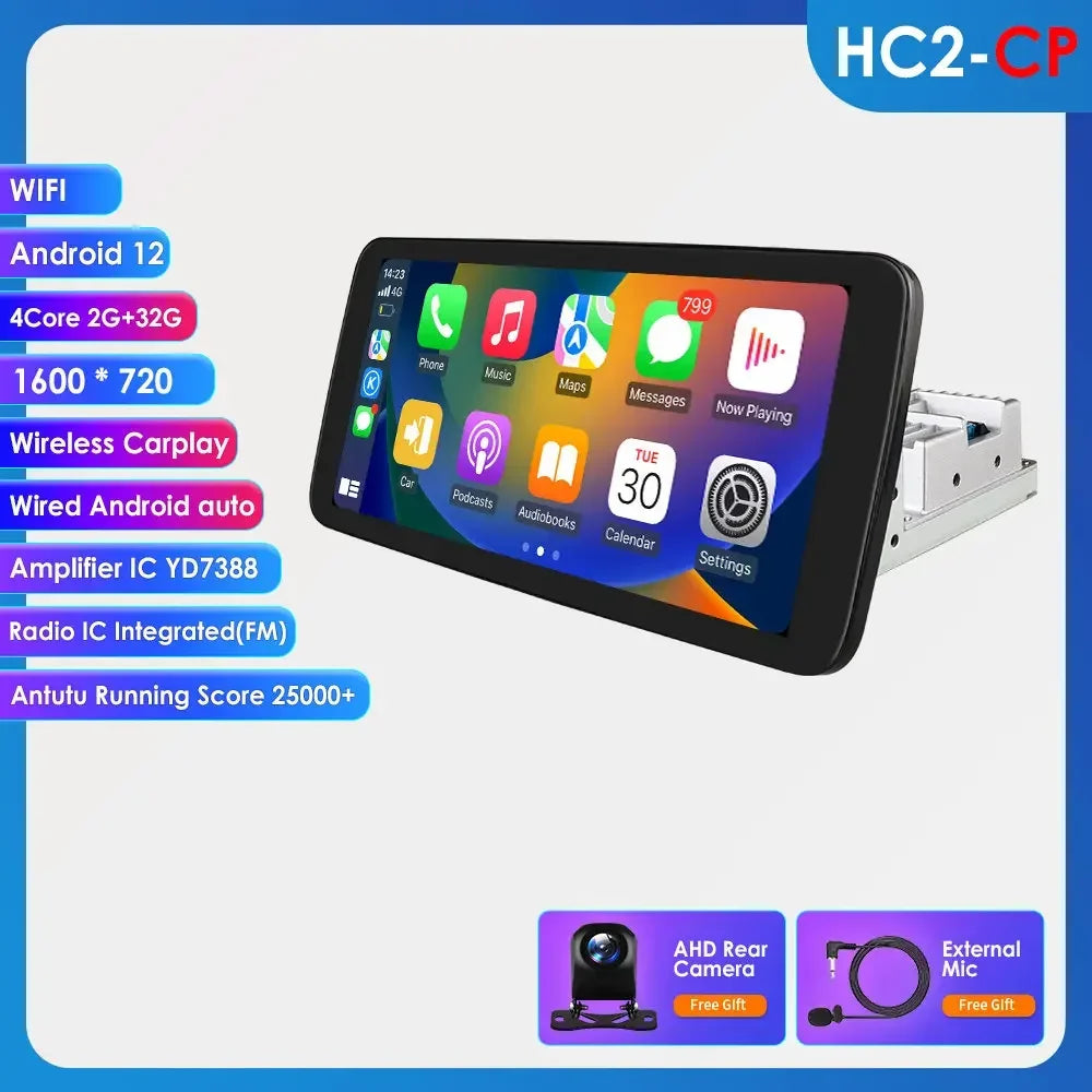 Hizpo 1 Din Car Radio Multimedia Player Detachable Panel 10.33" Wireless Carplay Android 360° Rotatable Universal Stereo GPS BT