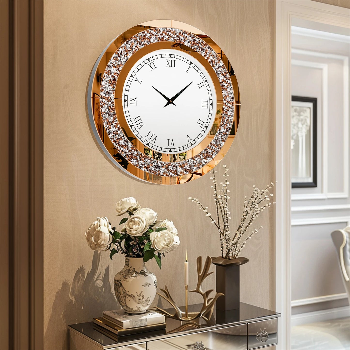Bling Silver Round Mirror Clock For Glam Home Decor