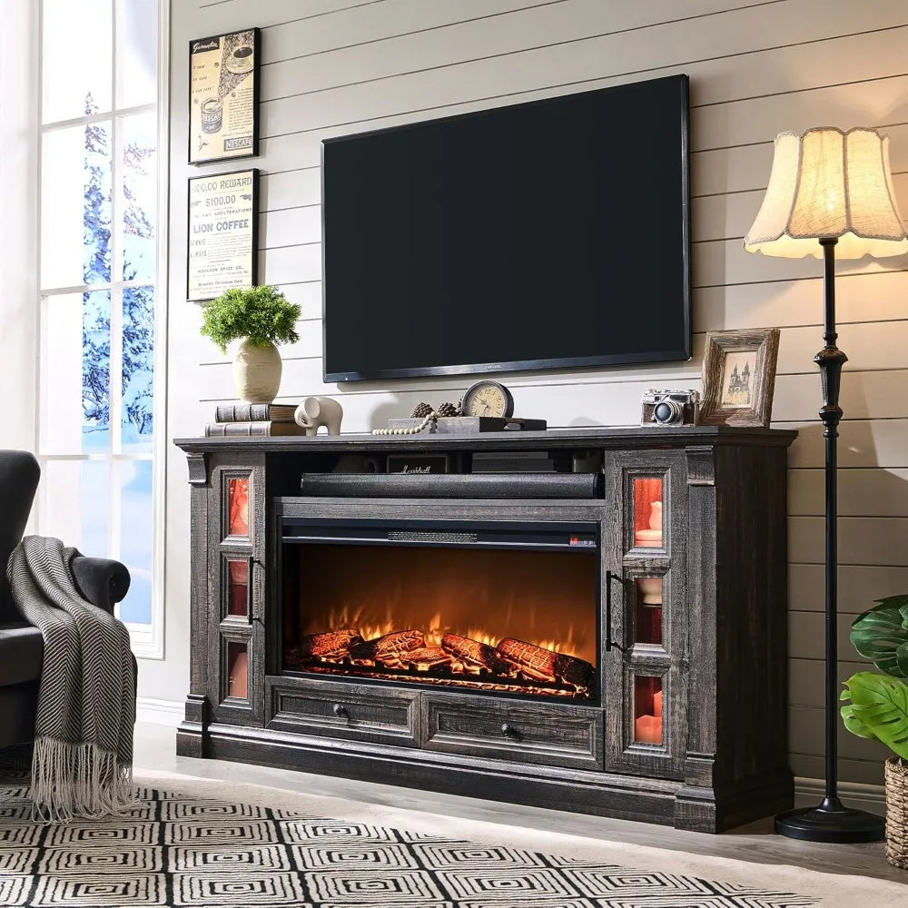 OKD TV Stand With Electric Fireplace Farmhouse Entertainment Center Glass TV Console