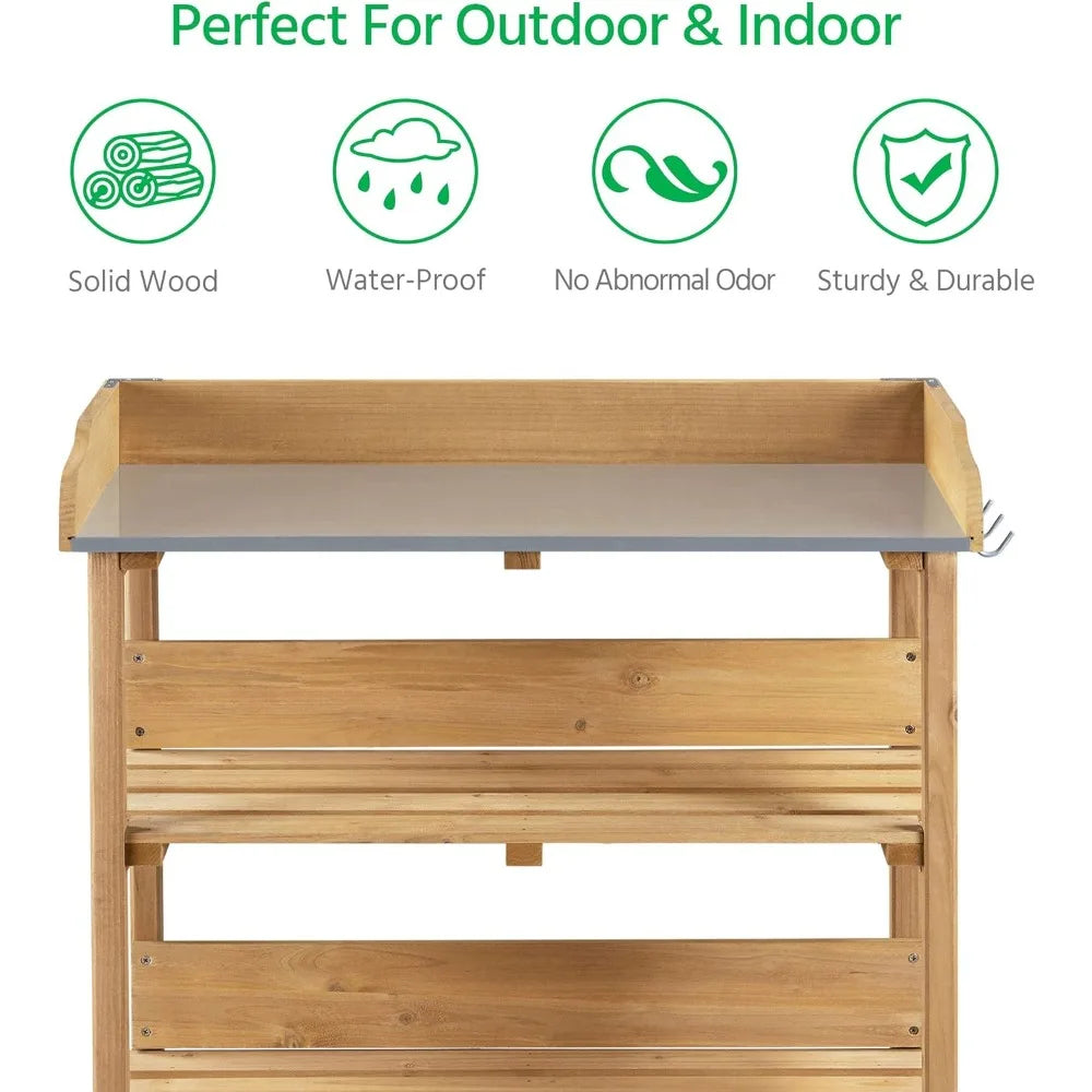 XIUWO Outdoor Garden Potting Bench With Bamboo Top And Shelf