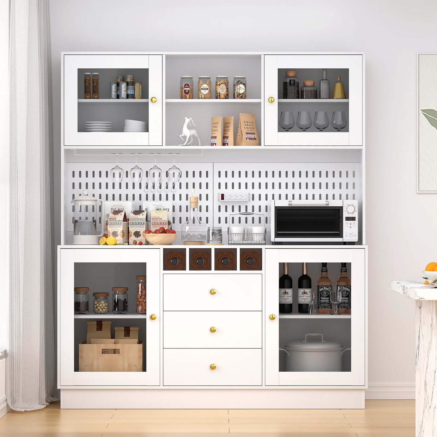 VOWNER Pantry Cabinet Freestanding Kitchen Storage Hutch With Pegboard