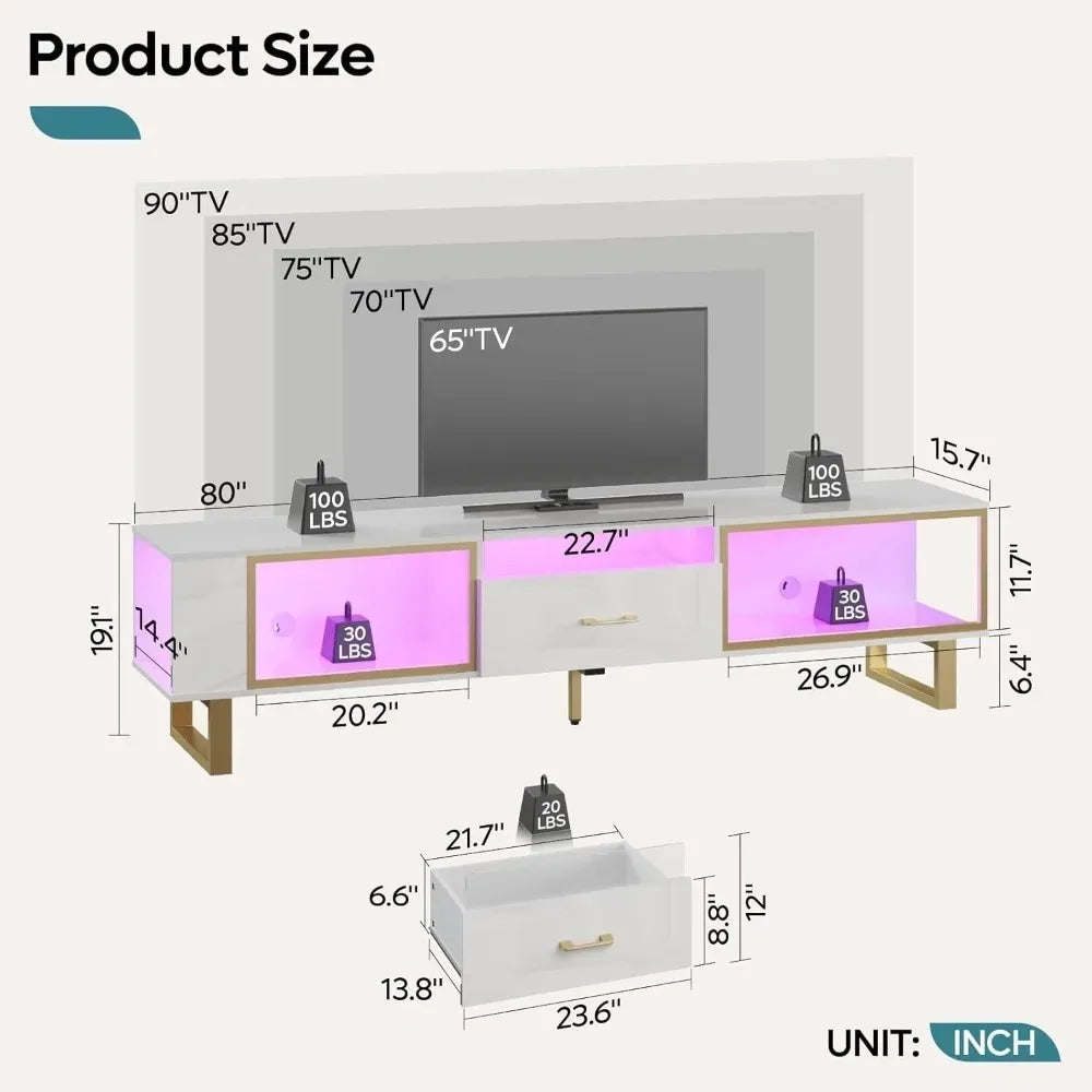 80 Inch TV Stand for 65/75/85/90 Inch TVs, Modern LED Entertainment Center for PS5 with Open Storage and Drawer, High Gloss Medi