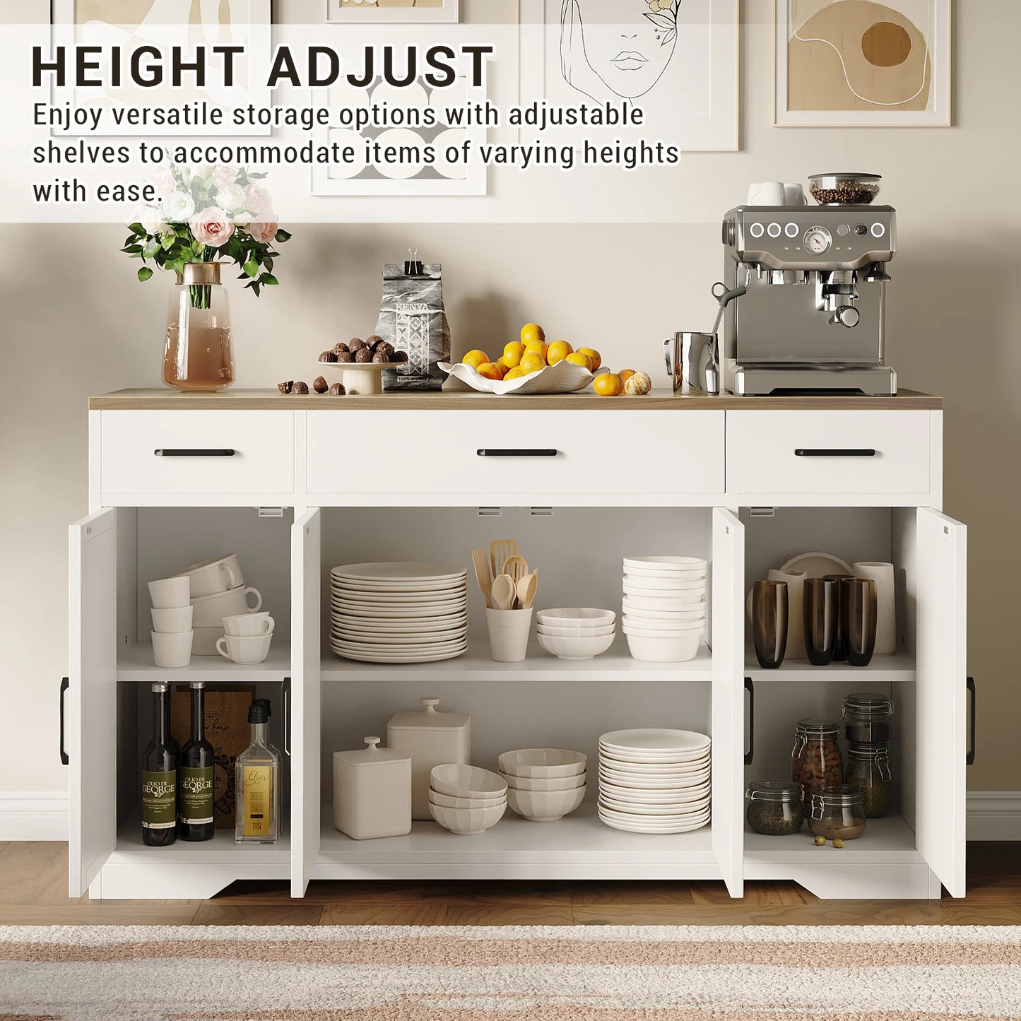 Farmhouse Buffet Sideboard Cabinet With 3 Drawers And 4 Doors For Dining Room Storage