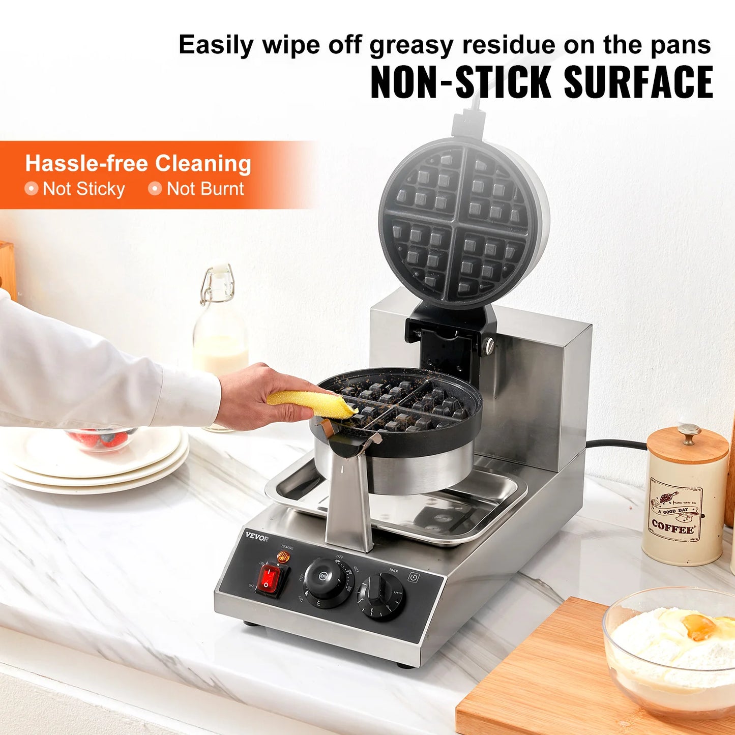 VEVOR Electric Waffle Maker Stainless Steel Round Waffle Iron Nonstick