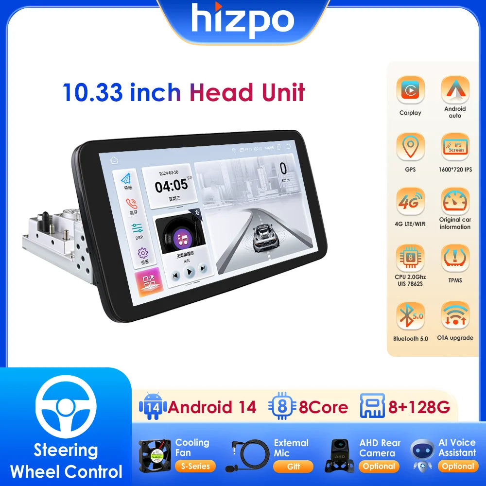 Hizpo 1 Din Car Radio Multimedia Player Detachable Panel 10.33" Wireless Carplay Android 360° Rotatable Universal Stereo GPS BT