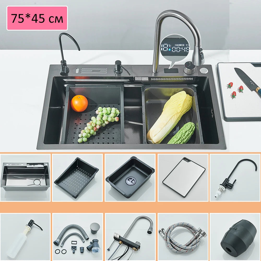 Quyanre 304 Stainless Steel Kitchen Sink Double Waterfall Faucet Set