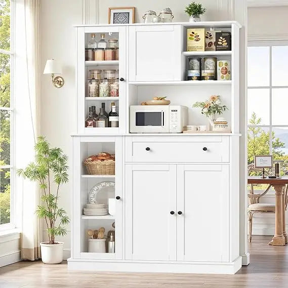 Pantry Cabinet With Sliding Door And MicrowaveShelf For KitchenStorage Organization