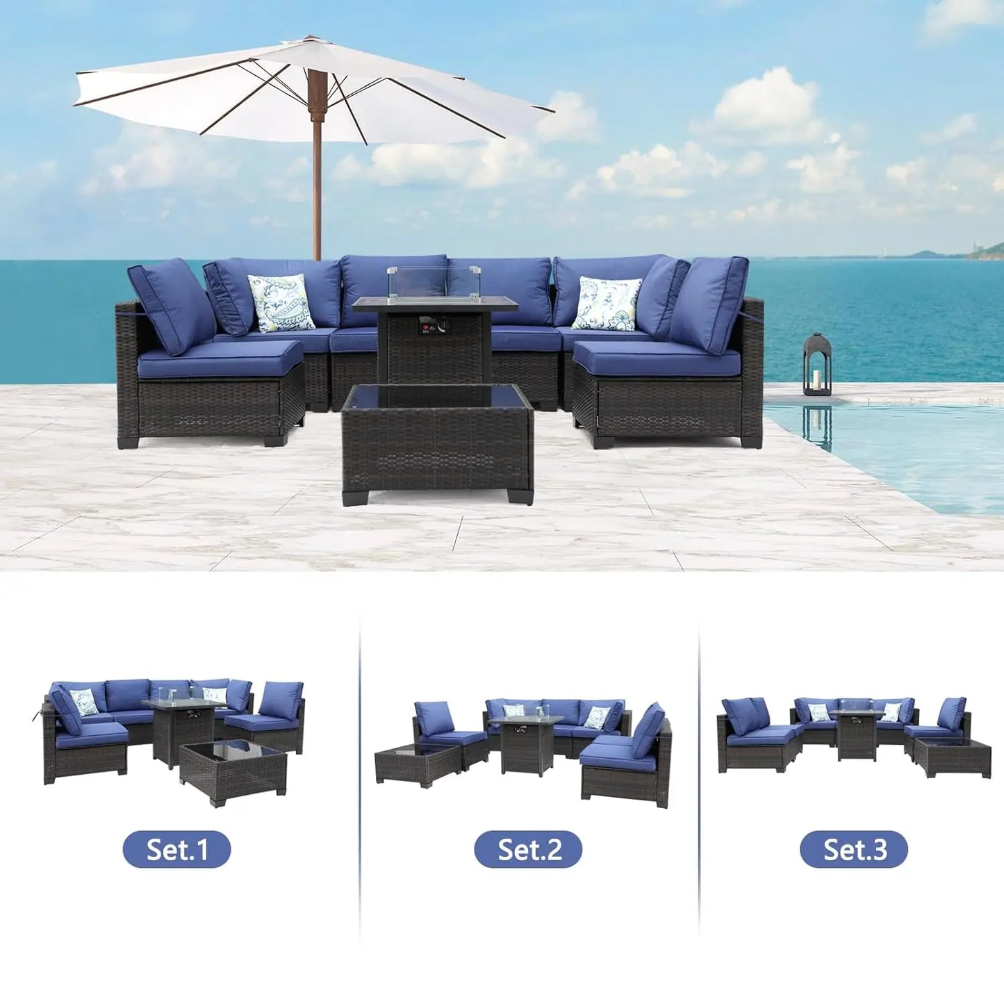 8 Piece Patio Furniture Set With Fire Pit Table Wicker