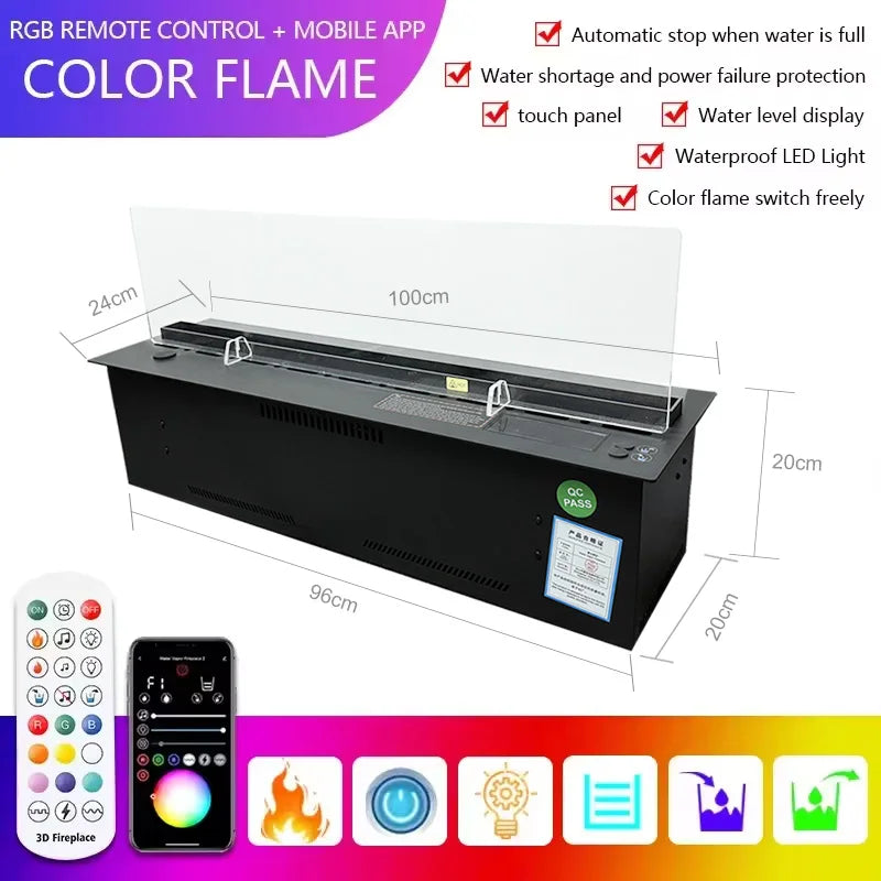 AFLYEVER Electric LED Fireplace 3D Flame Water Vapor Auto Fill