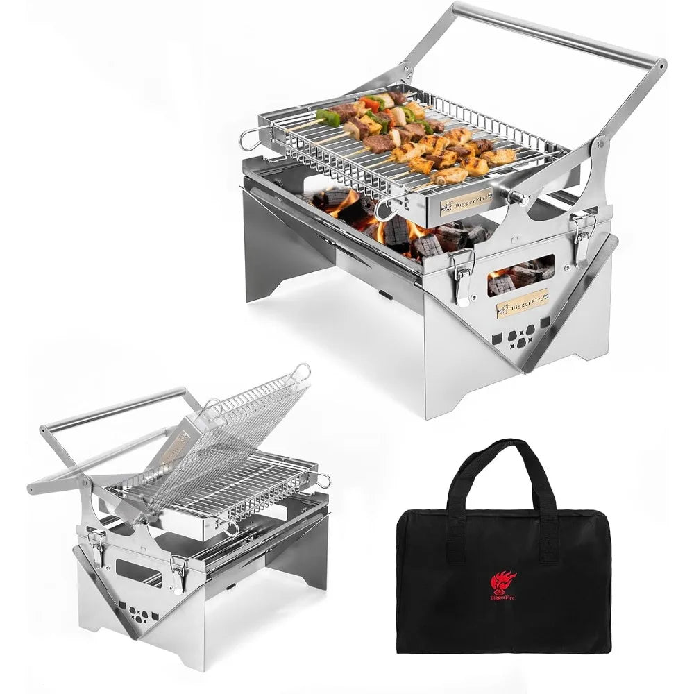 Portable Stainless Steel Rotating BBQ Grill for Outdoor Camping and Detachable Charcoal Grilling