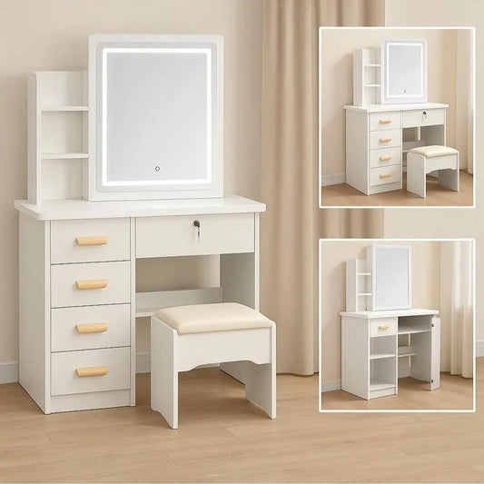 Large Vanity Table Set with LED Mirror, 5 Drawers & Shelves, Dresser Desk & Cushioned Stool, Easy Installation, Hidden Storage,