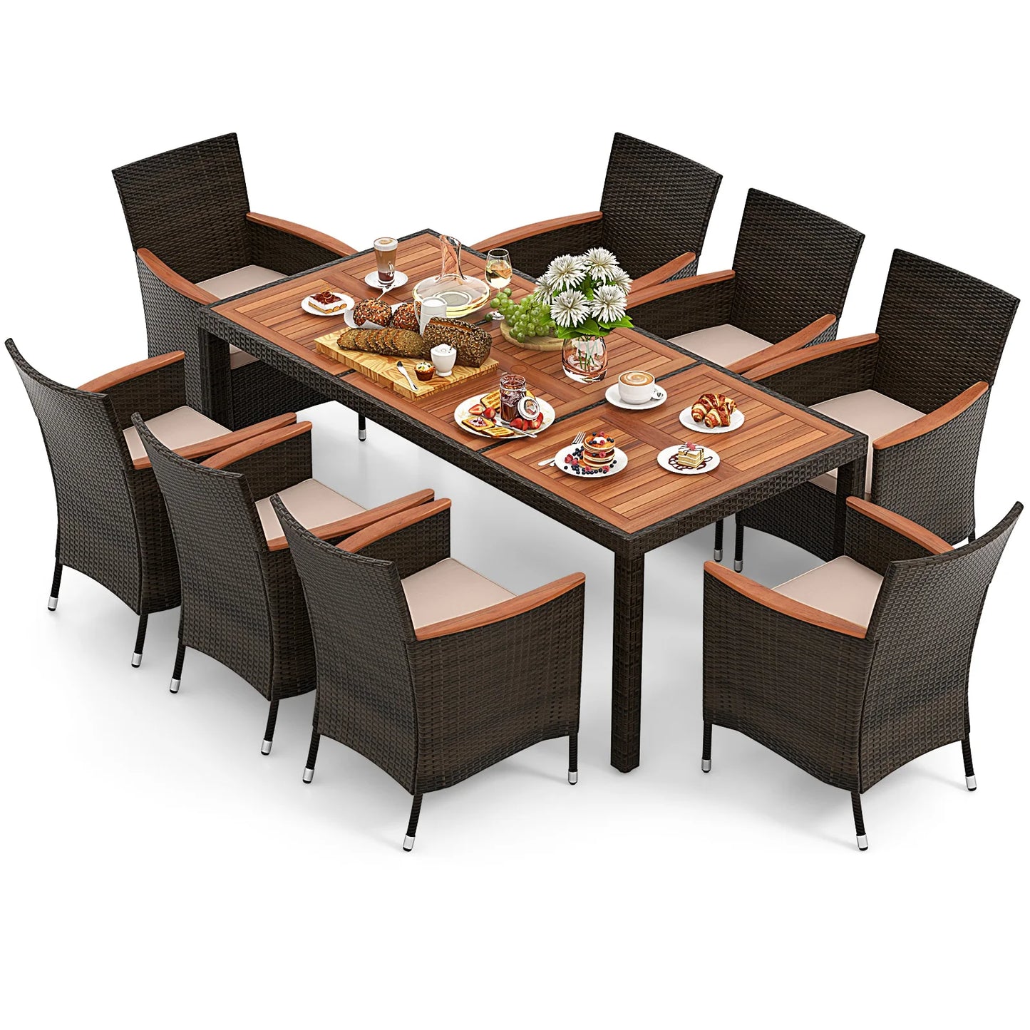 HOMASIS Outdoor 9PieceWeatherResistantWickerDiningSetWithAcaciaTable PremiumQualityConstruction