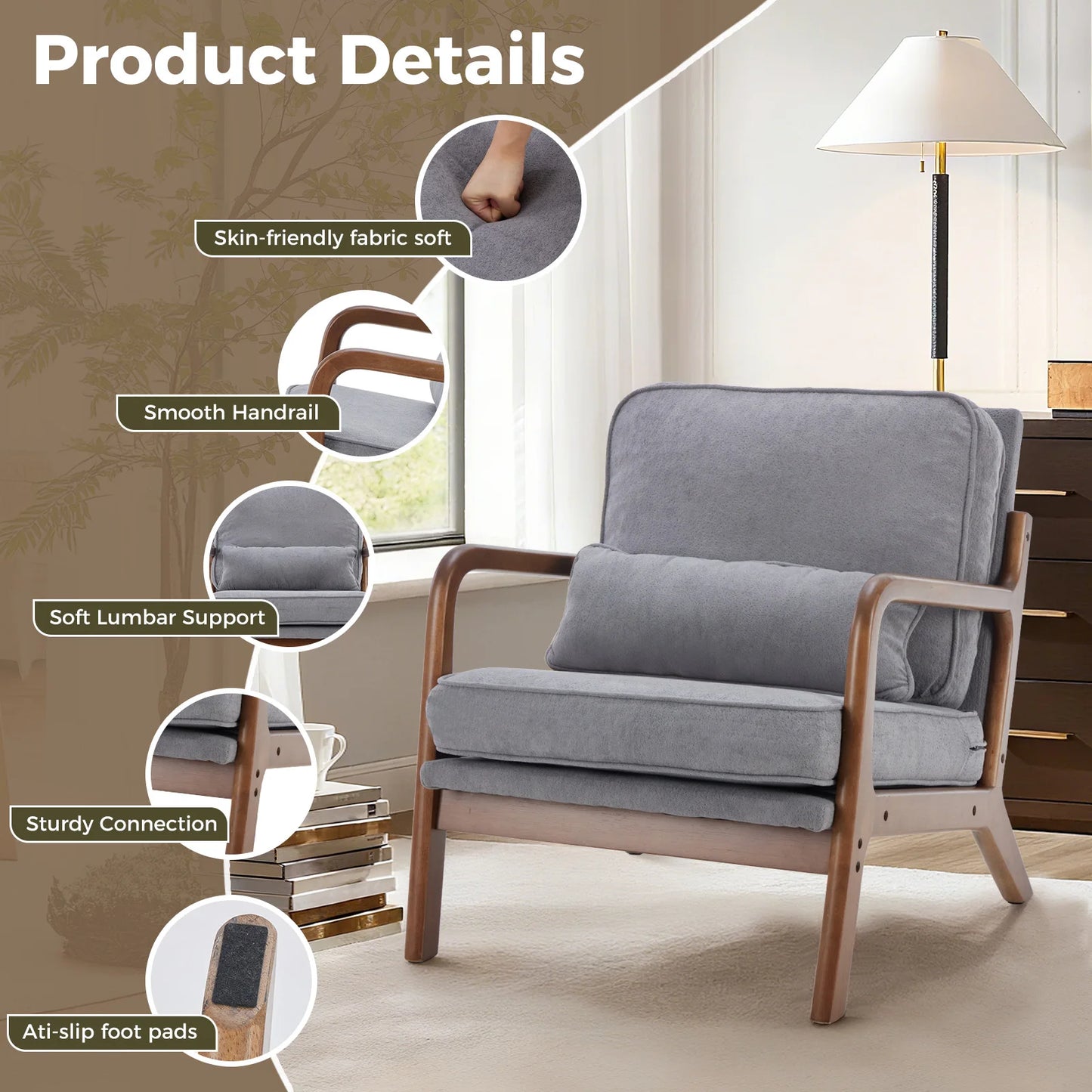 JHK Midcentury Modern Solid Wooden Frame ErgonomicallyDesigned Armchair With Cushions