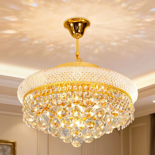Luxury Round Gold Crystal Chandelier Pendant Light With Adjustable Chain